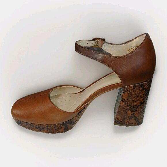 Clarks Mary Janes clogs Brown Leather Platform Straps Snakeskin Block Heel 9 M - Picture 15 of 16